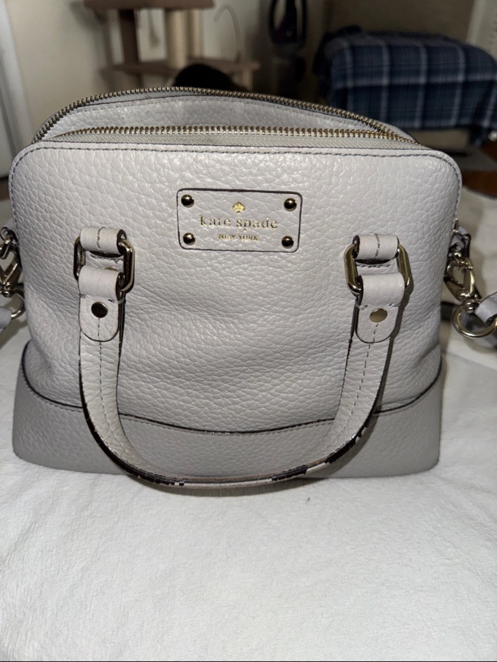 kate spade pebble leather satchel in light gray with gold hardware